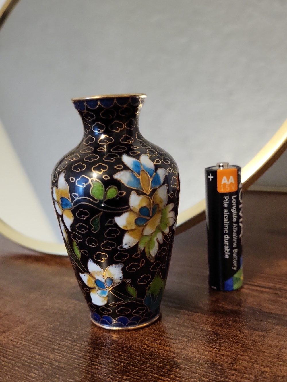 Vintage Chinese Cloisonné Miniature Floral Accent Vase Black Multicolor 3"